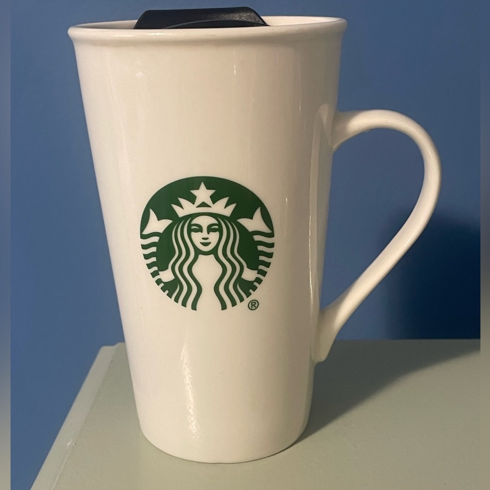 Starbucks Ceramic 6” Tall Cup with Rotating Open/Close Lid and Rubber Seal